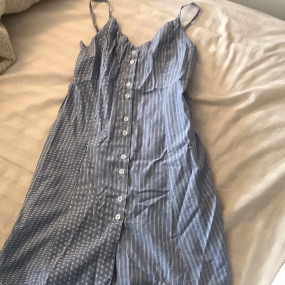 White stripped, buttoned down blue dress